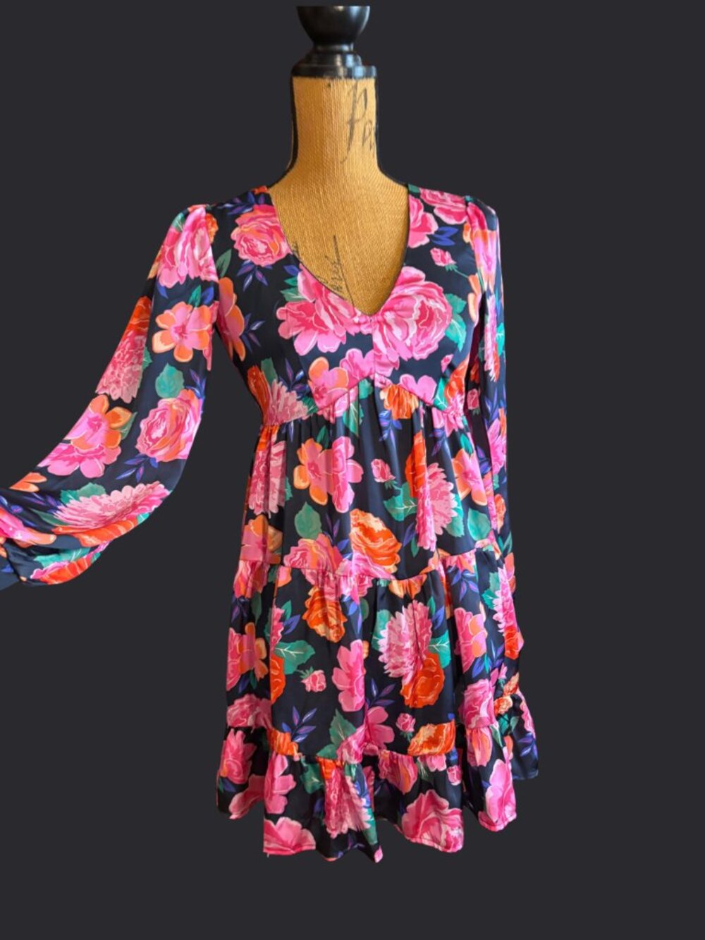 Mi Ami Floral Mini Dress XXS Tiered Long Sleeve Open Back Boho Retro - Picture 2 of 10